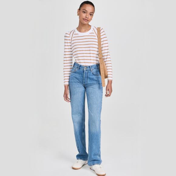 Veronica Beard Mason Stripe Puff Sleeve Baseball Tee White Caramel Size M - Picture 14 of 16